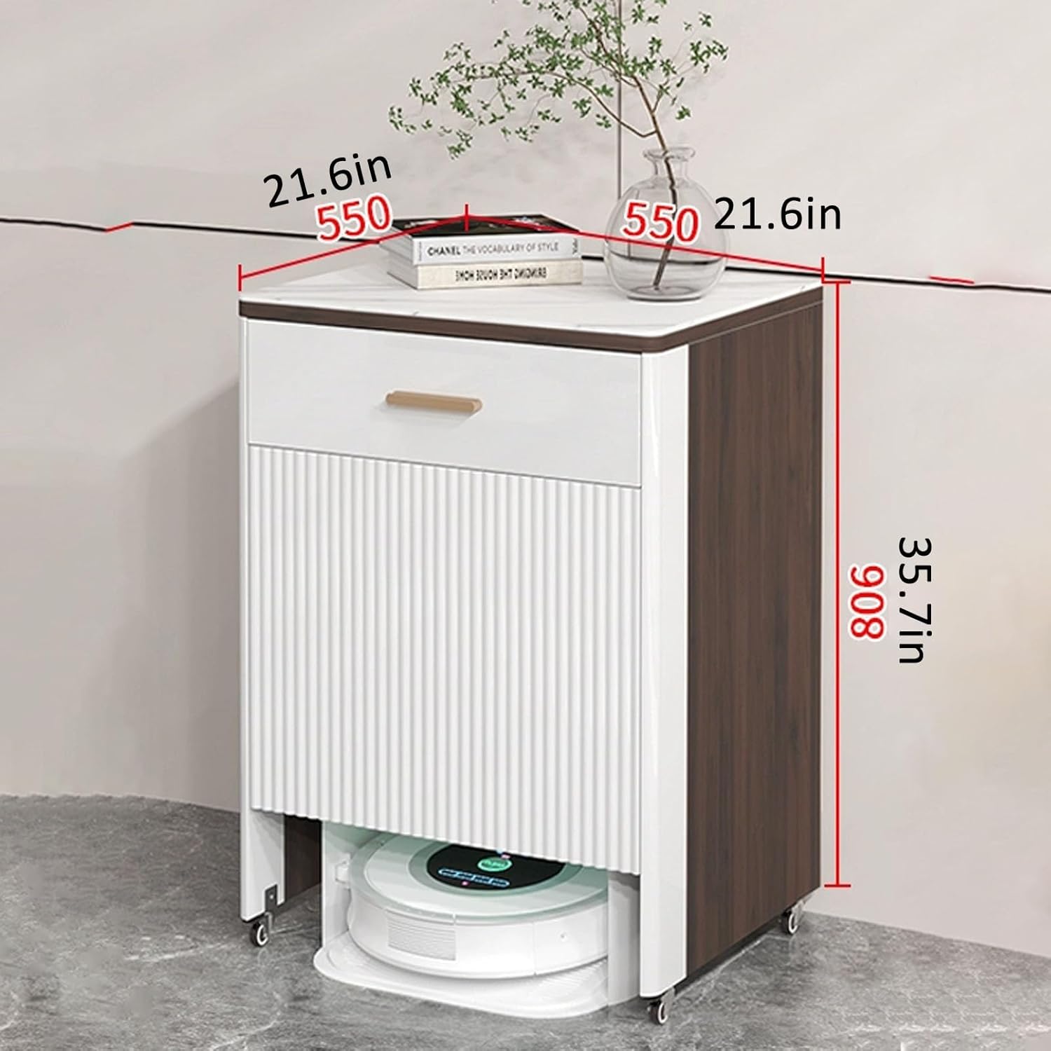 JKGHK Vacuum Stand Cabinet, Sweeping Robot Storage Rack with Wheels, Robot Vacuum Hidden Storage Cabinet, Multi Tier End Cabinet with Storage for Living Room Kitchen(Black)