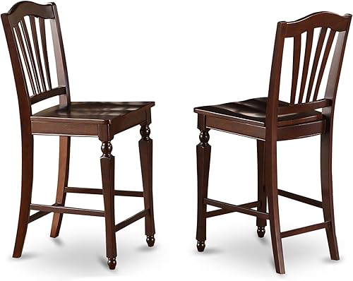 East West Furniture Chelsea Taburetes de 24.0in de altura de mostrador, asiento de madera y caoba, estructura de madera maciza, juego de 2 sillas de