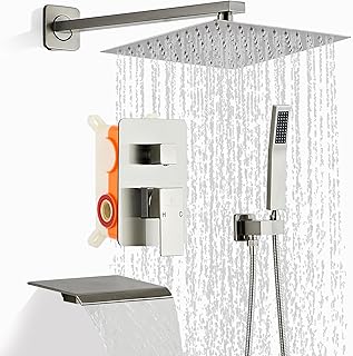 Brushed Nickel Rainfall Shower Head 8 Inch Set Faucet with Tub Spout and Handle System Square Wall Mount for Bathroom