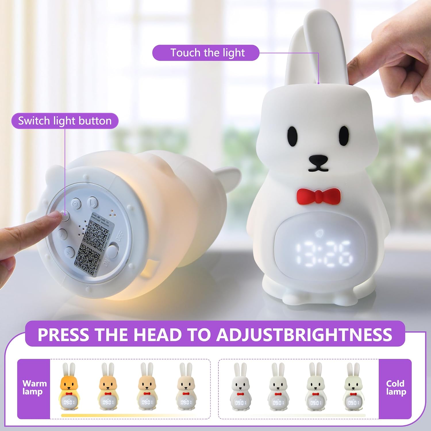 Kids Alarm Clock with Night Light, APP Control, Toddler Sleep Trainer, Wake Up Light Silicone Touch Multi-Color Lights for Bedroom Decor, Cute Bunny Rabbit