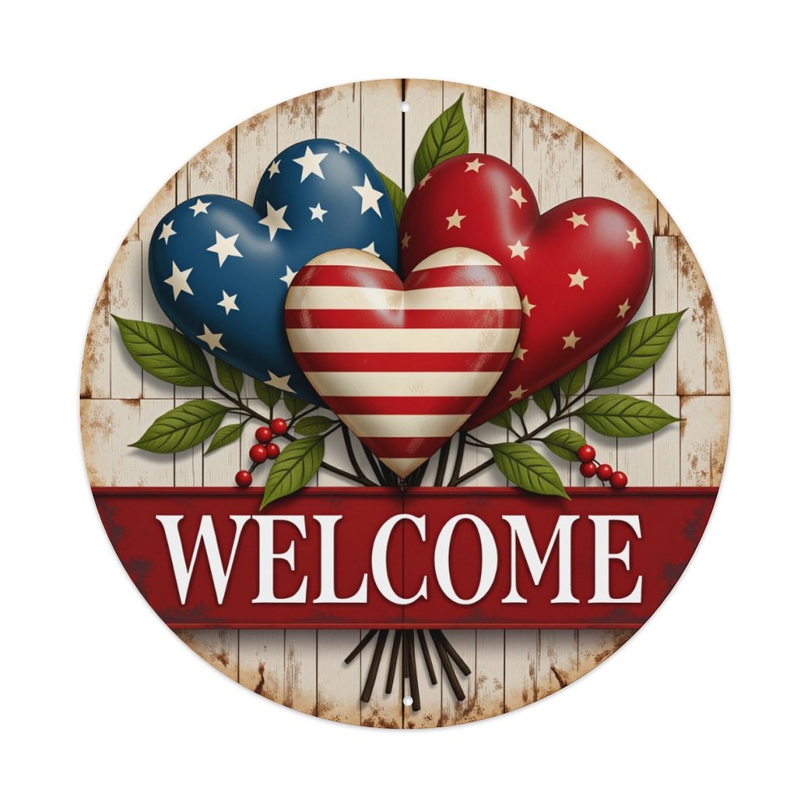 American Flag Hearts Welcome Sign Round Tin Sign Vintage Metal Poster, Home Bar Garage Man Cave Cafe Indoor & Outdoor Wall Decoration 8x8Inches