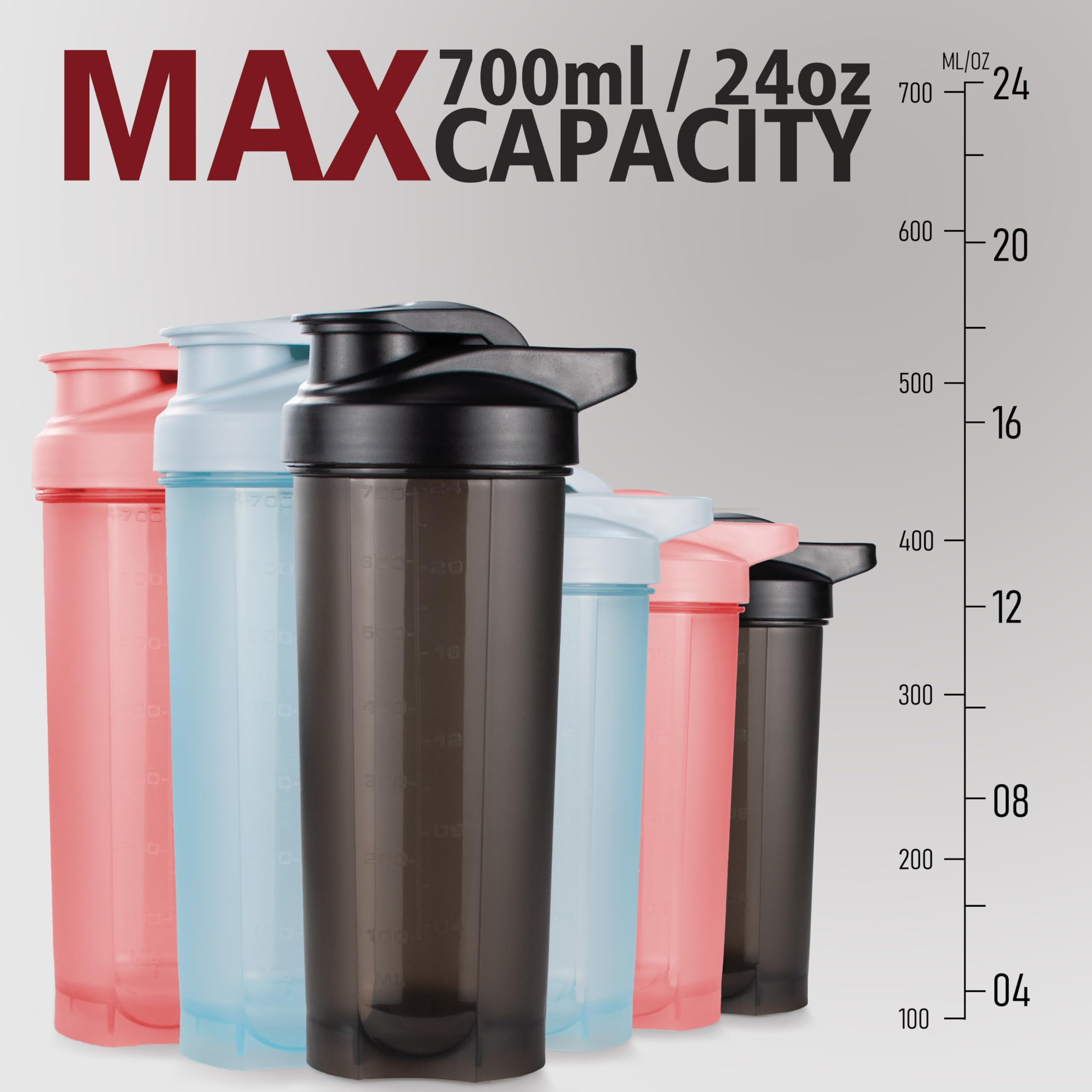 6 Pack Protein Shaker Bottles for Protein Mixes, Shaker Cups for Protein Shakes, 3 pcs 24 oz and 3 pcs 20 oz (Multicolor) — Amazon image 3