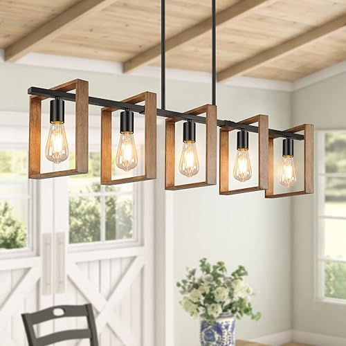 Iluminación de isla de cocina de 53 pulgadas 5 luces ajustables para comedor lámparas de madera rústica lámparas colgantes negras para cocina luces