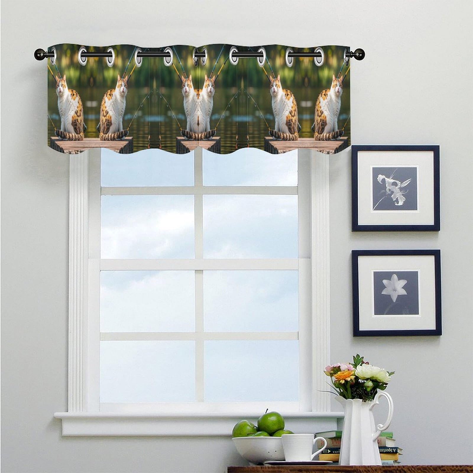 Thermische Raumverdunkelung, Volant, Angeln, Katze, kurzer Vorhang, Doppelstangentasche, kleiner Fenstervorhang, durchsichtiger Volant, Küche, Bauernhaus, Verdunkelung, Fenstervolants für