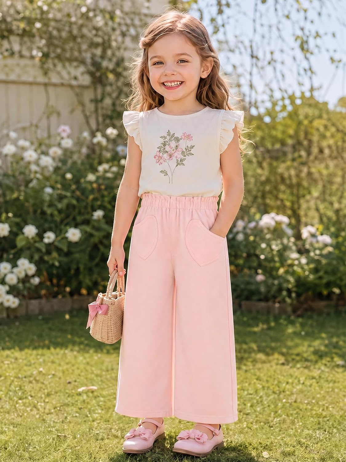 Haloumoning Toddler Baby Girl Elastic Waist Wide Leg Pants with Pockets