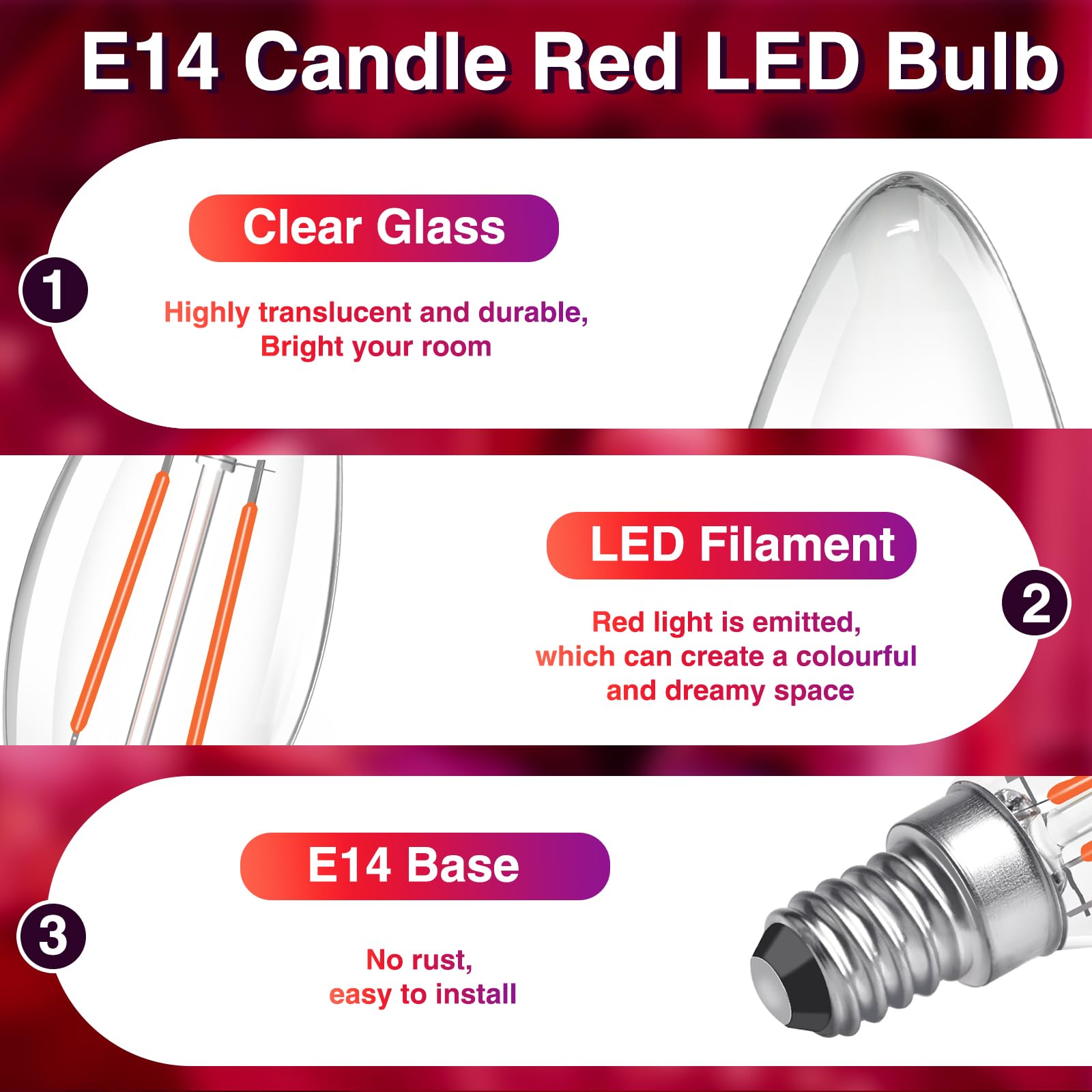 Caldarax 2 sztuki czerwonych żarówek LED E14, 2 W, zamiennik żarówki 20 W, 200 lm, kształt świecy C35, przezroczyste żarówki LED, E14, kolorowe czerwone żarówki, na wesele, Halloween, Boże Narodzenie