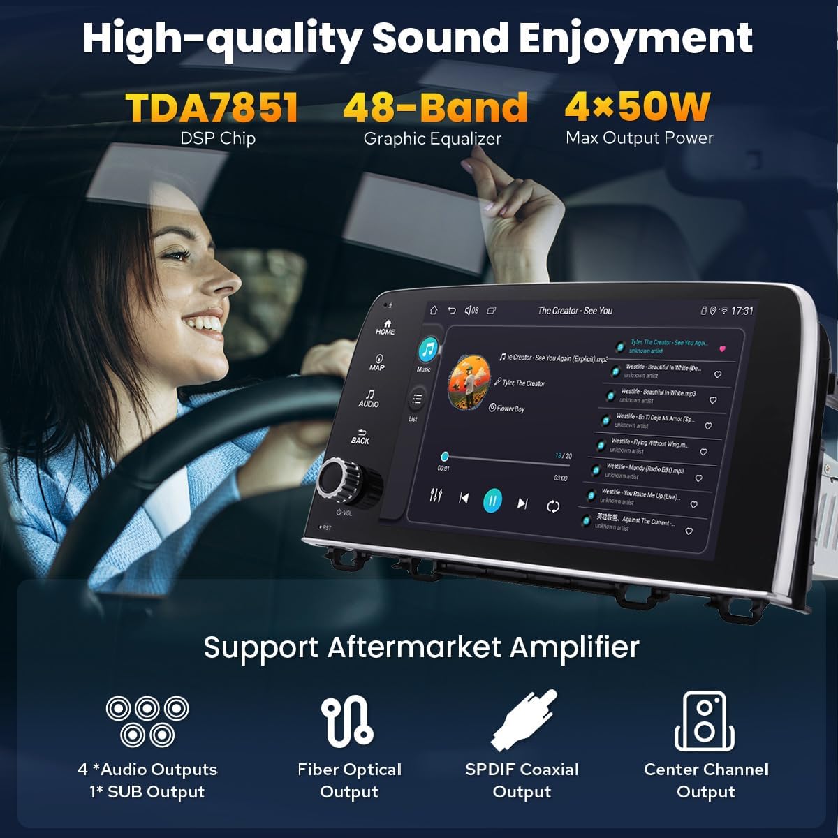 A graphic illustrating the high-quality sound features of the car stereo, including TDA7851 DSP chip, 48-band graphic equalizer, and 4x50W max output power. It also shows support for aftermarket amplifiers with 4 audio outputs, 1 sub output, fiber optical output, SPDIF coaxial output, and center channel output.