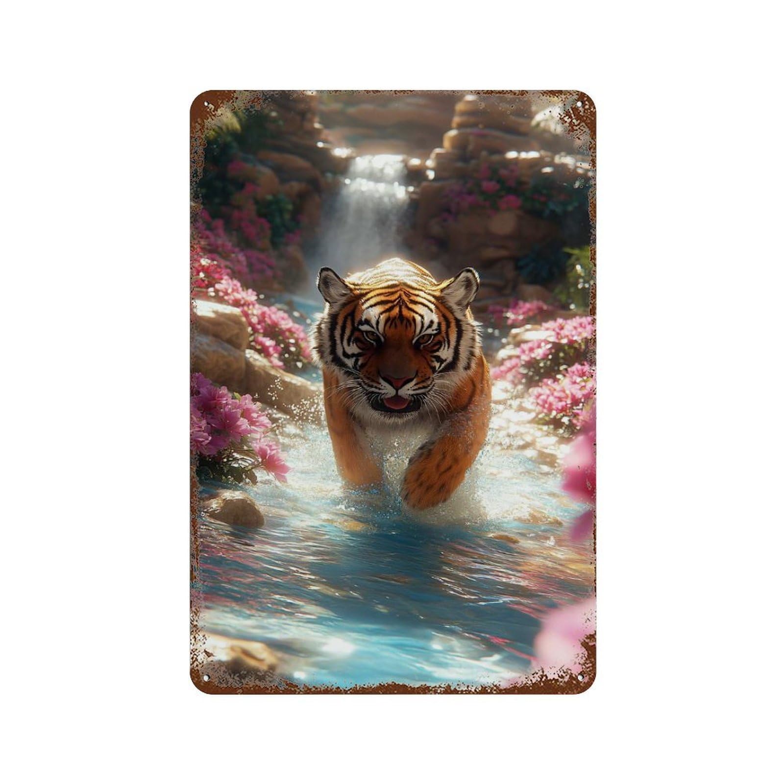Decorative Tin Sign with Tiger in Waterfall Paradise Design 11.8"x7.9", for Farmhouse, Kitchen And Entryway Decor, Old School Wall Decor