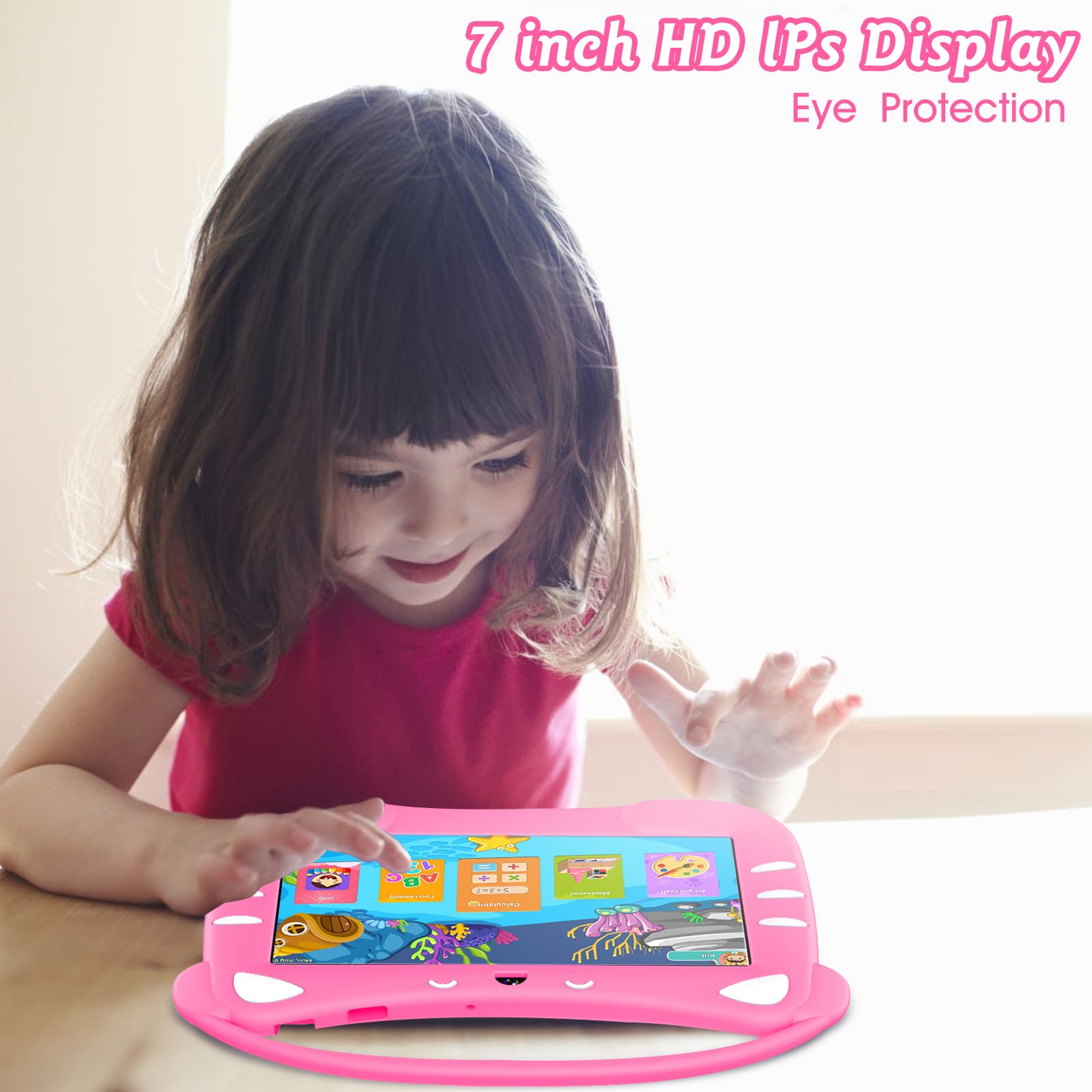 Tablet para Niños 7 Pulgadas Android Tableta Infantil con WiFi Bluetooth Doble Cámara Control Parental 32GB ROM Tablet Niños con Estuche Protector (Magenta)