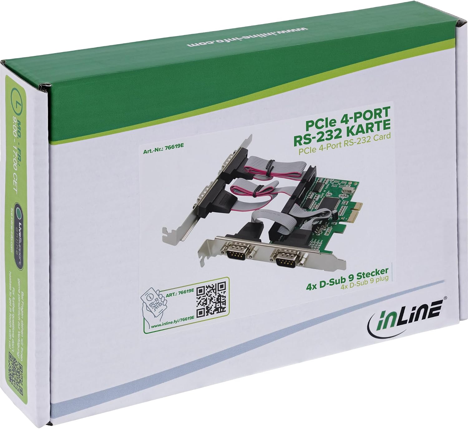 Inline PCIe Serial Card, 4 Port RS-232 Interface, D-Sub 9, CH384L, Low Profile Brackets, UART Interface, High Data Rate, 76619E