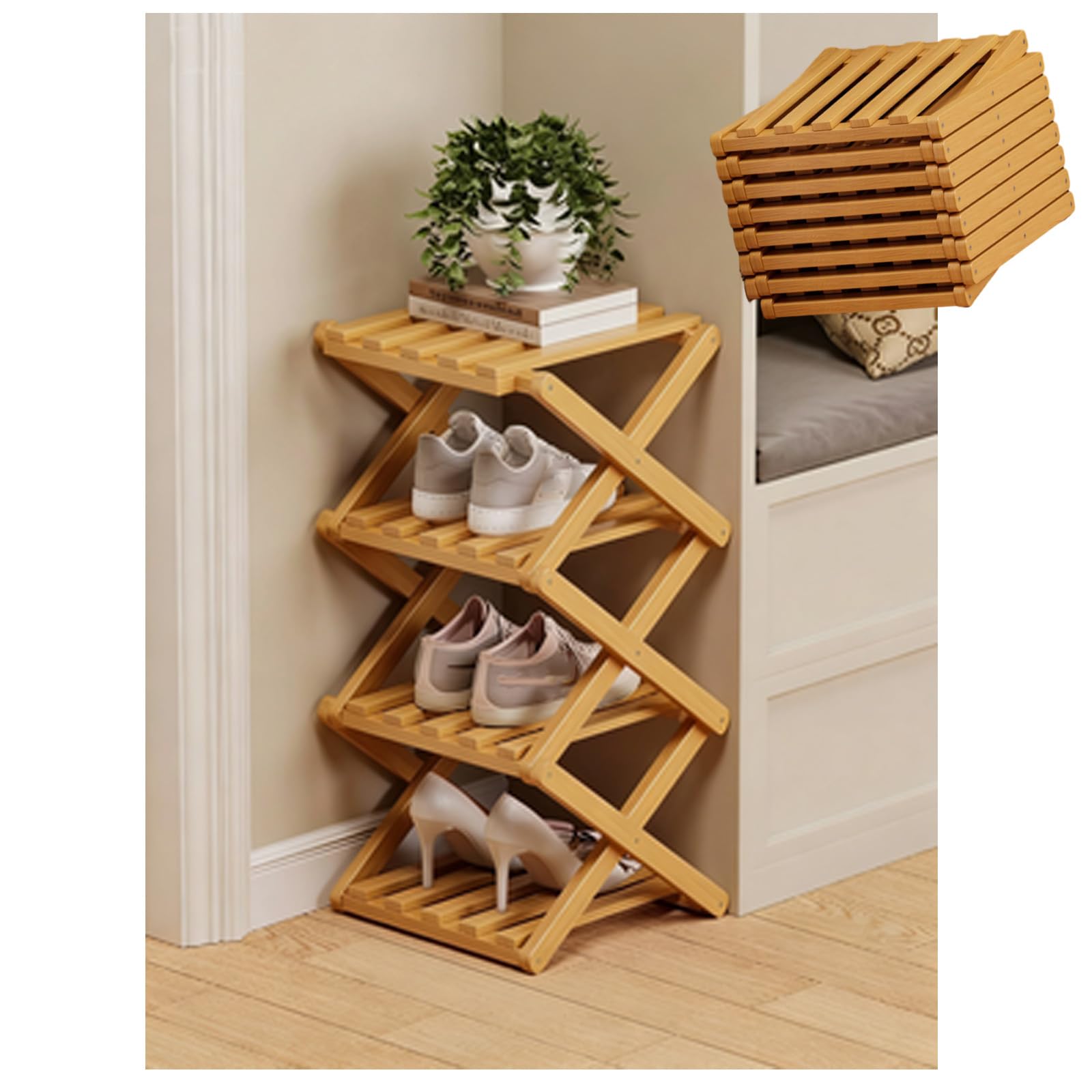 Scarpiera pieghevole in bambù a 4 livelli, nessun assemblaggioDesign per ingresso armadio dormitorio ecologico in legno Sto Solut per scarpe
