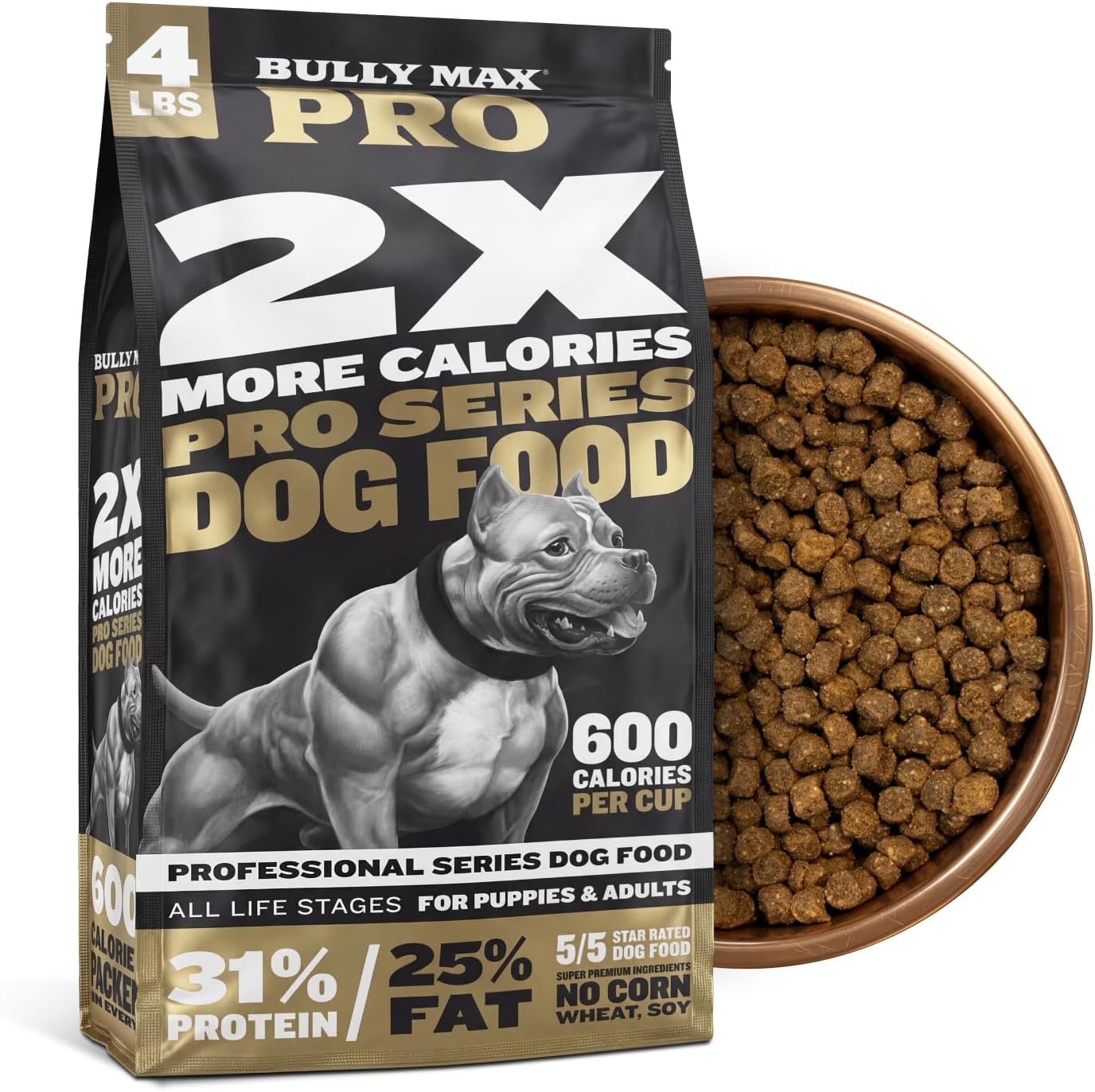 Pro 2X High Calorie Dry Dog Food - High Protein Puppy Food for Adult Dogs & Puppies - Healthy Weight Gain & Muscle Building for Small & Large Breeds - Slow-Cooked, 600 Calories/Cup, 4 lbs