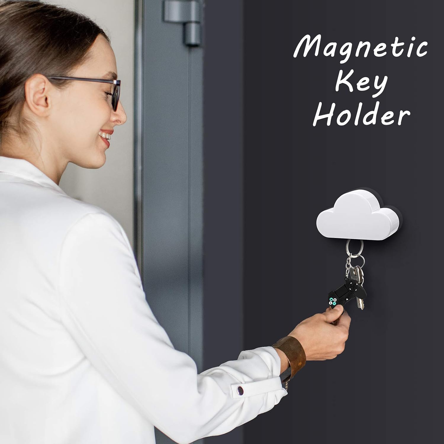 4 Pieces Magnetic Key Holder Cloud Magnetic Wall Key Rack Organizer Key Chains Hooks with Adhesive for Wall Door, Entryway, Foyer (White, Blue, Rose Red, Yellow)