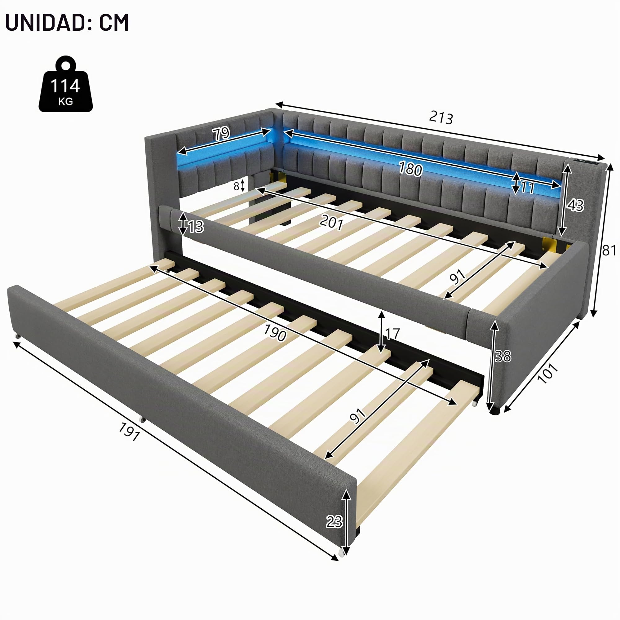 Soweiz Sofá cama, cama tapizada, cama con barra de luz LED con control remoto en el pie de la cama, cama con cama desplegable sin colchón, USB + Type-C, lino (Gris, 90x200cm)