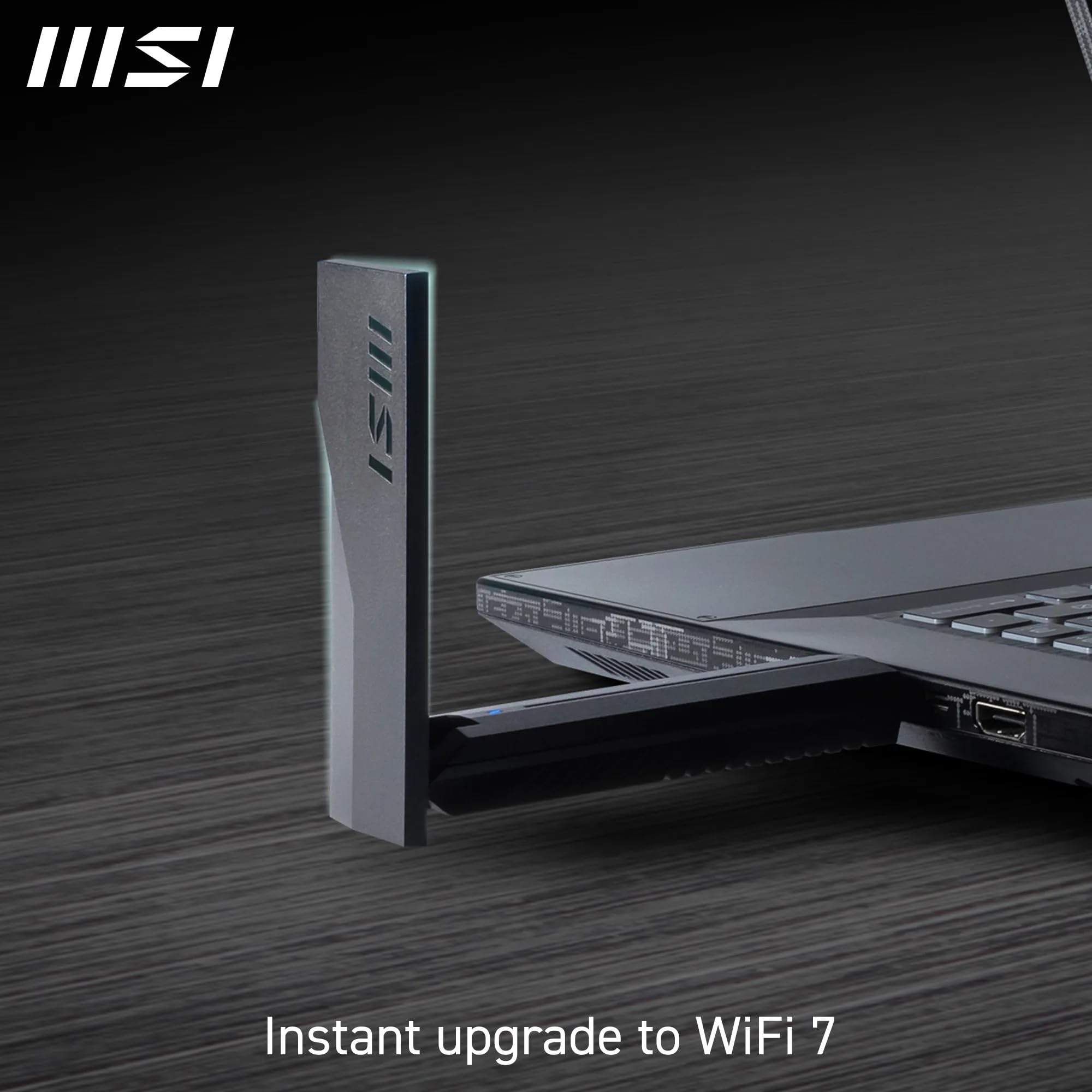 MSI BE6500 Adaptateur USB WiFi 7 tri-Bande - WLAN jusqu'à 6,5 GB/s (6/5 / 2,4 GHz), USB Type-A 3.2 Gen 1, MLO, 4K-QAM Puncturing, Beamforming, WPA3, antenne réglable - Support Filaire Inclus