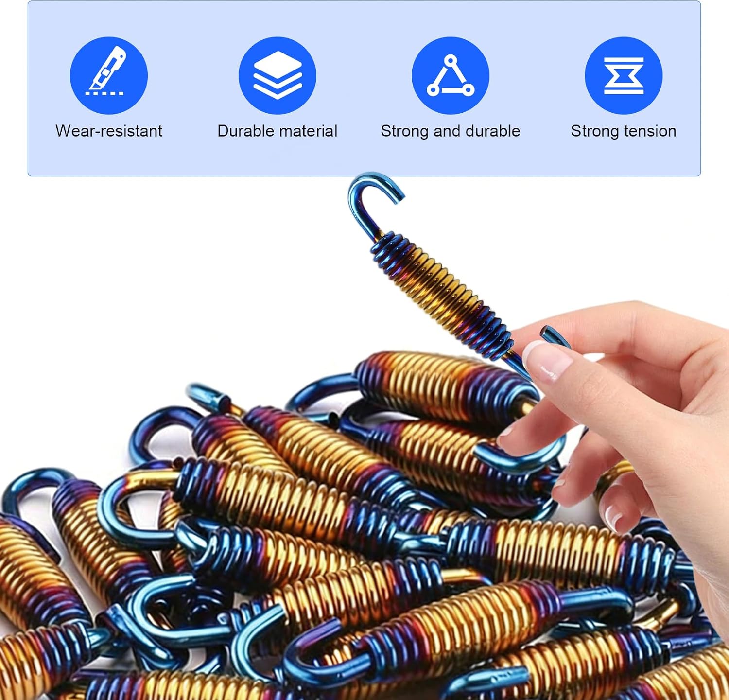 2 PCS Motorcycle Exhaust Muffler Springs, 1.57" - 2.36" Retractable Exhaust Pipe Spring with Hook, Vibration-damping Muffler Hardware, for Motorcycles Scooters ATVs (Multicolored Blue)