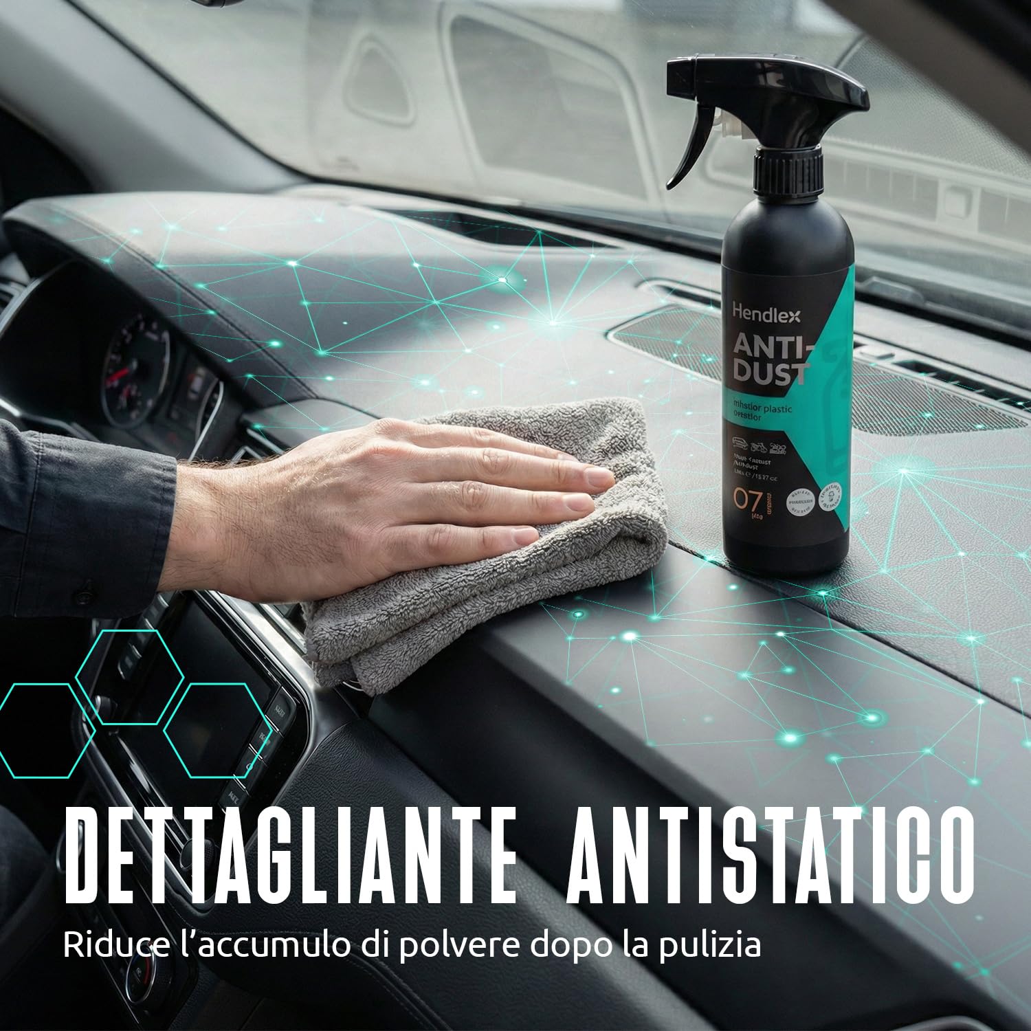 Hendlex Anti Dust Pulizia Interni Auto Antistatica - Pulisci Cruscotto Auto Opaco e Non Unge - Pulitore Interni Auto Professionale per Plastiche - Spray Cruscotto Auto con Panno (500ml)