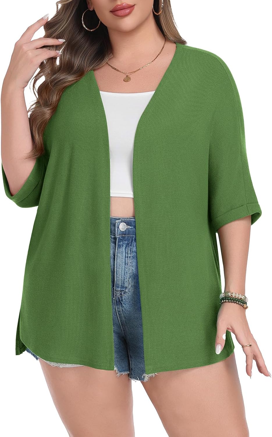 Lastshe Plus Size Cardigan for Womens Rolled Short Sleeve Lightweight Loose Cover Ups Open Front Wrap,Army Green,2X