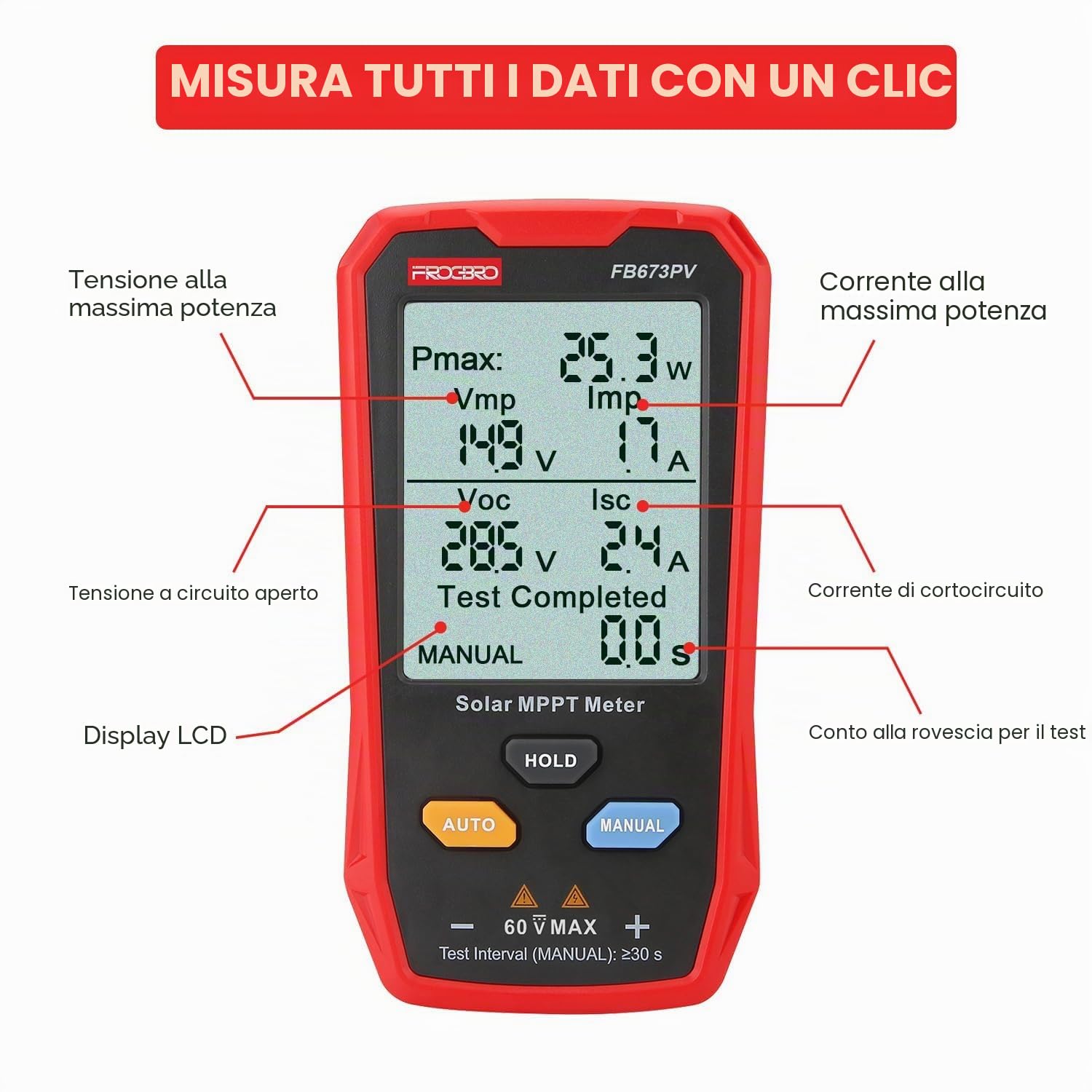 FB673PV Tester Pannelli Solari, Multimetro Fotovoltaico 800W, Strumento di Misura MPPT con LCD Ultra Chiaro, Diagnostica Smart Tensione Circuito Aperto MPPT, Test Dati Moduli Fotovoltaici