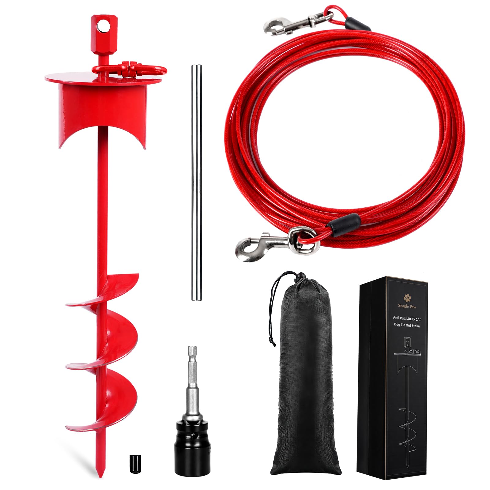 Snagle Paw Dog Tie Out Cable & Stake with Lock Cap, 9M Heavy Duty Rust Proof Cable, 360° Swivel Dog Yard Leash & Stake Up to 220 lbs - Ground Anchor for Yard, Beach, Camping & Outdoor Use