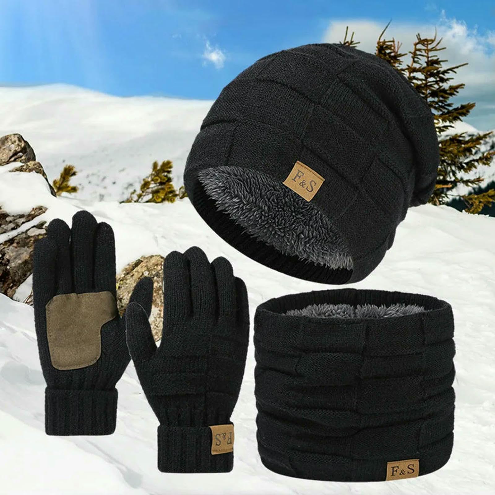 Mütze,Schal & Handschuh-Sets Warmes Set Aus Mütze, Schal Und Handschuhen Für Den Winter, Mit Thermo-Fleece Gefütterte Slouchy-Beanie-halstücher Herren, Handschuhe, 3-in-1-warmset-beige