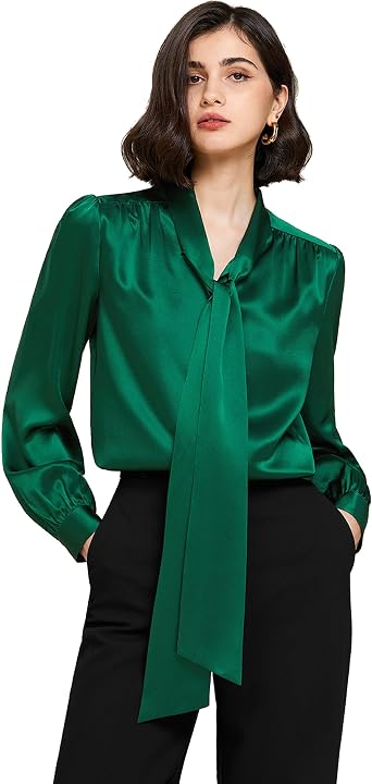 Mommesilk Pure 22 Momme Silk Bow Tie Blouse for Women Long Sleeve Ribbon Collar Work Casual Soft Luxury Ladies Shirt Top