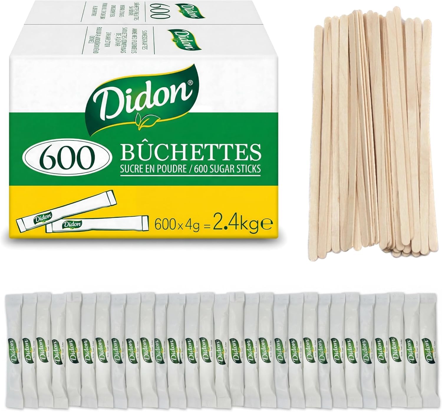 Lote de 4800 sobres individuales de azúcar de 4g (19,2 kg) con removedores de madera – Perfecto para café, té y otras bebidas calientes - azucar blanco