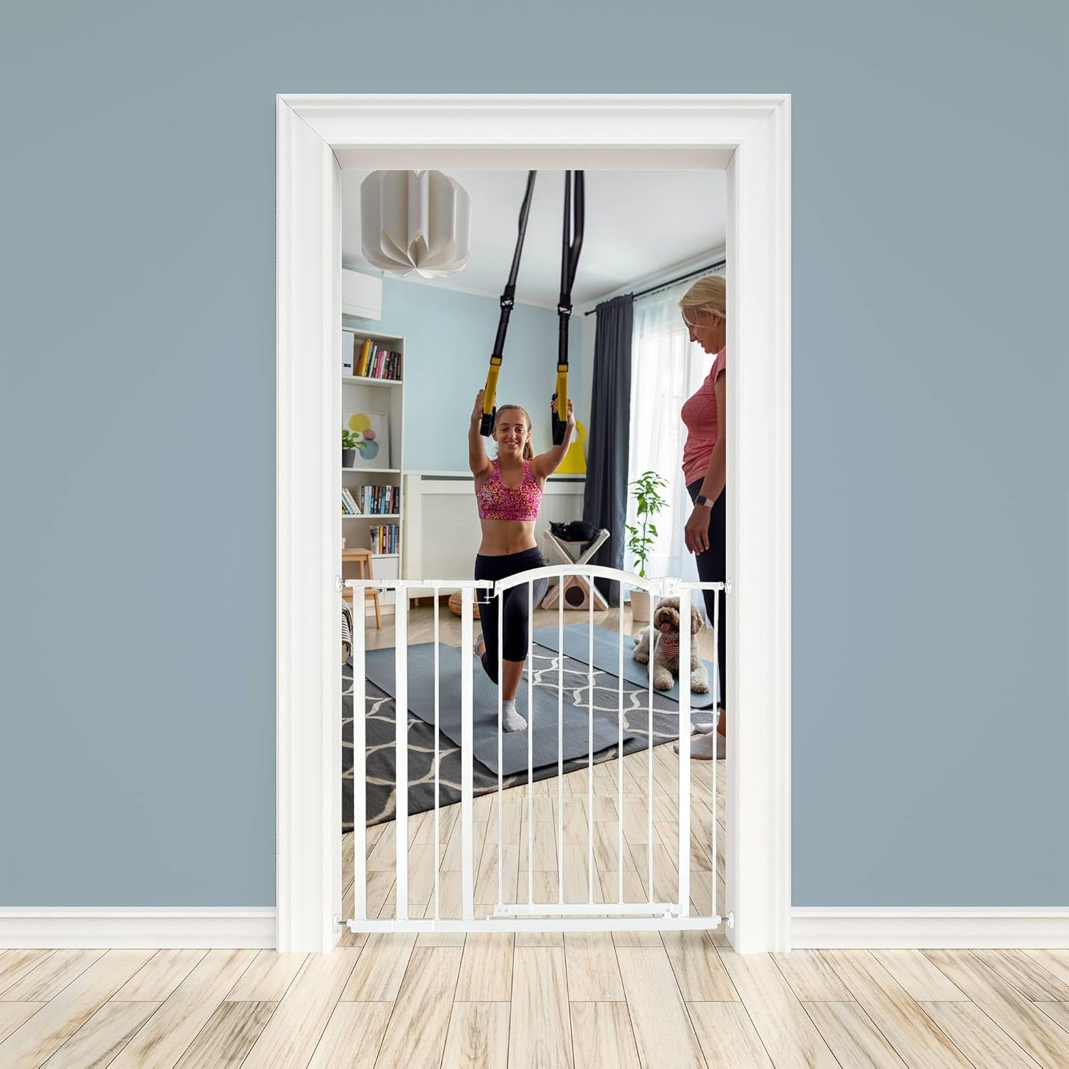 Ingenuity Deluxe Metal Extra Tall Walk Through Arch Dog Gate with Hardware Mounted and Wide Openings for Stairways and Doorways, White