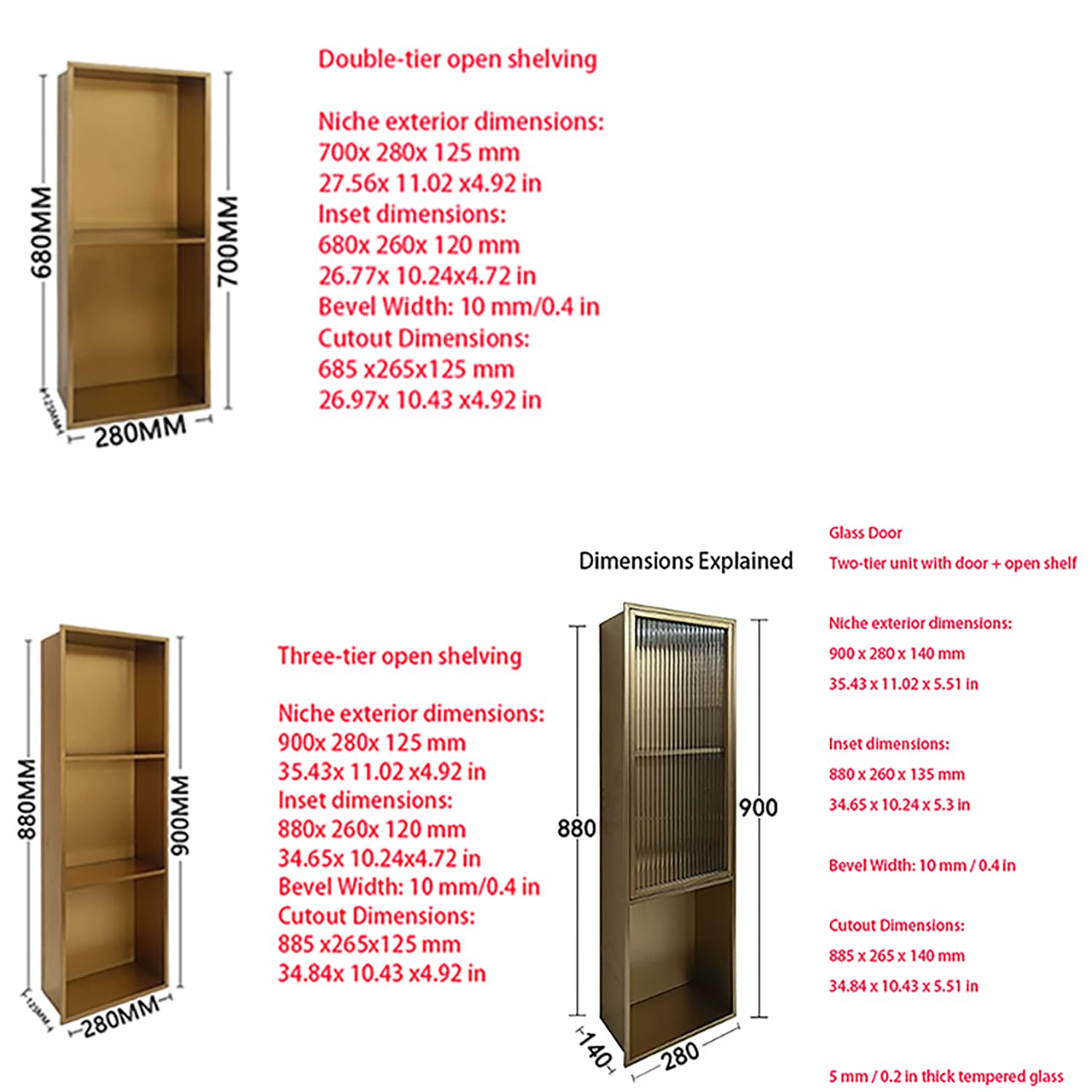 Portarrollos Empotrado Nicho Empotrado para El Cuarto De Baño con Puerta De Cristal Estantería para El Cuarto De Baño Armarios Empotrados para Cocinas Y Salones,Gold/c