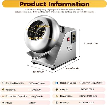 sugar coating machine, chocolate coater, 9-speed adjustable, 1-4KG/H, With heating function, Peanut Coating Machine, For drying, polishing, and tablet coating. 110V