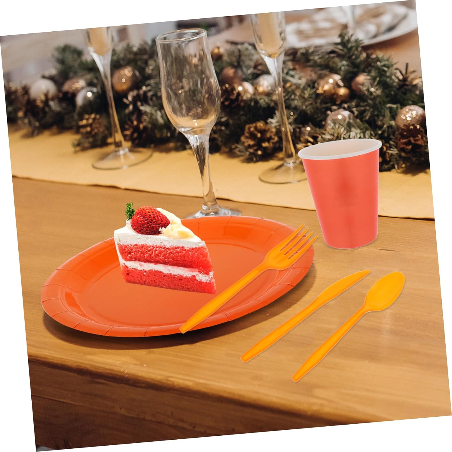 Cabilock Party Decorations Orange Tablecloth Paper Plates Napkins Spoons Cups for Birthdays Weddings Gatherings