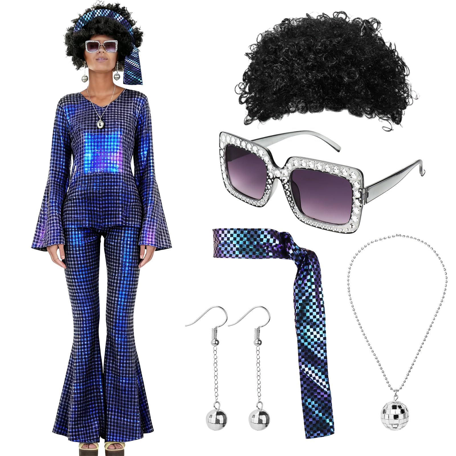Malloom 1970s Disco Costume for Women, 5 Pcs 70s Fancy Dress Outfits with Sunglasses Ball Necklace Earring Wig, Retro 1960s Theme Party, Hen Party, Halloween Dancing Queen Dress Up Set (Blue, M) — image 1