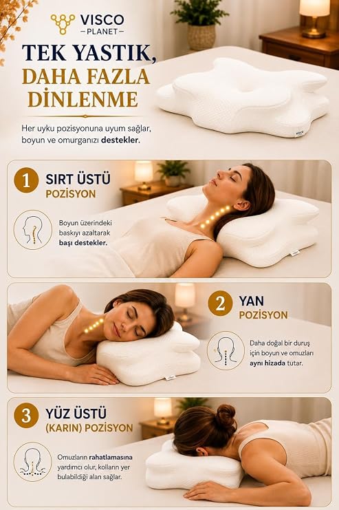 Visco Planet Ortopedik Visco Boyun Yastığı Memory Foam Boyun Destekli Ergonomik Uyku Yastığı 62x42x13/10 cm