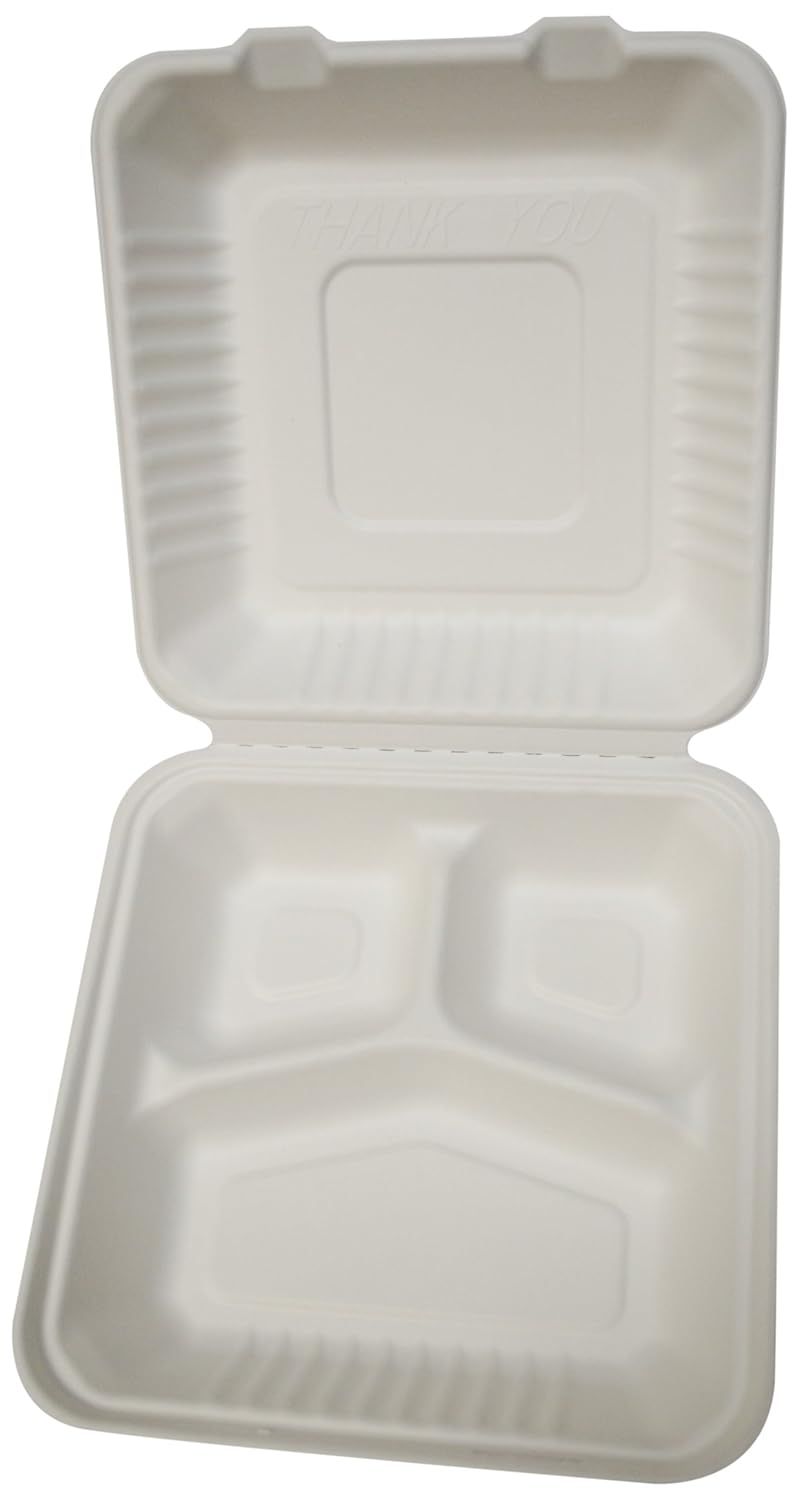 PrimeWare HL-93 White Molded Fiber Hinged Lid Container, 9" Length x 9" Width x 3-3/16" Height, Large, 3-Section (Case of 200)