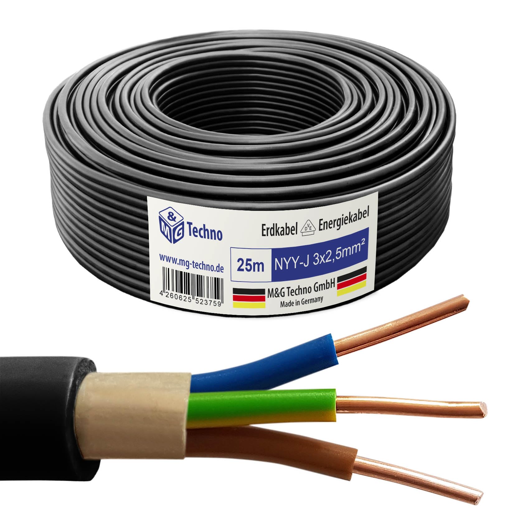 M&G Techno 25m NYY-J 3x2,5 mm² Erdkabel Elektro Strom Kabel Kupfer eindrähtig Made in Germany, 10653, Schwarz