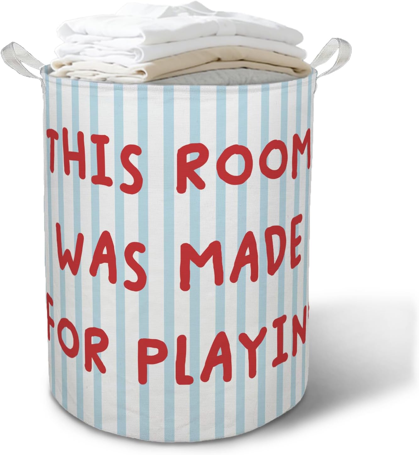 Kids Playroom Laundry Basket Hamper, Blue and White Striped Foldable Clothes Toys Books Storage Box Bins Baskets Organizer for Toddler Kids Room Playroom Nursery Bathroom
