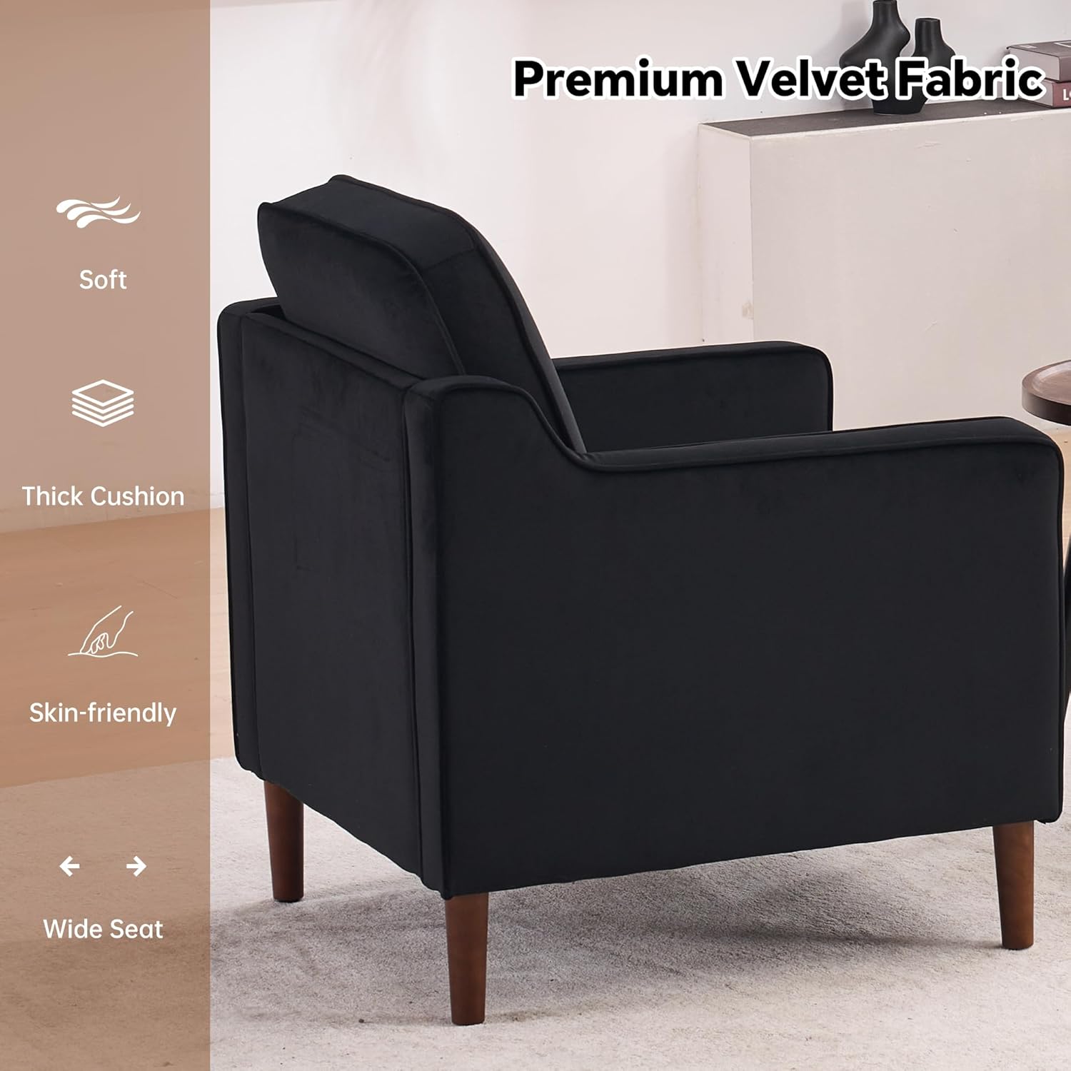 Mid Century Modern Accent Chair, Upholstered Reading Armchair for Living Room, Velvet Comfy Sofa Chair with Wood Legs for Bedroom, Office, Waiting Room, Black