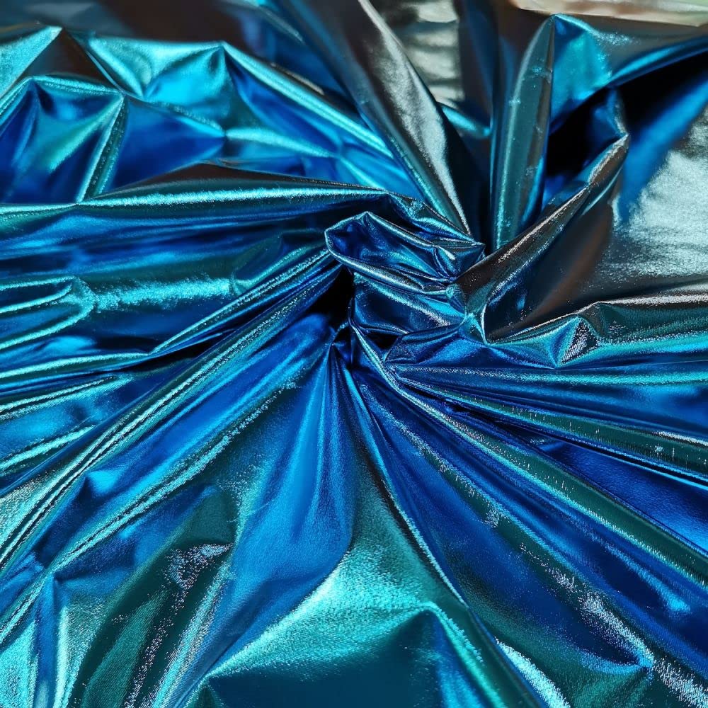 Shopper's Freedom1 Metre 4 Way Stretch Nylon Spandex Metallic Wet Look Effect Lycra Fabric All Way Stretch Elastane Stretchy Shiny Foil Material Dancewear, Swimming, Sports Activewear (Turquoise/Kingfisher Blue)