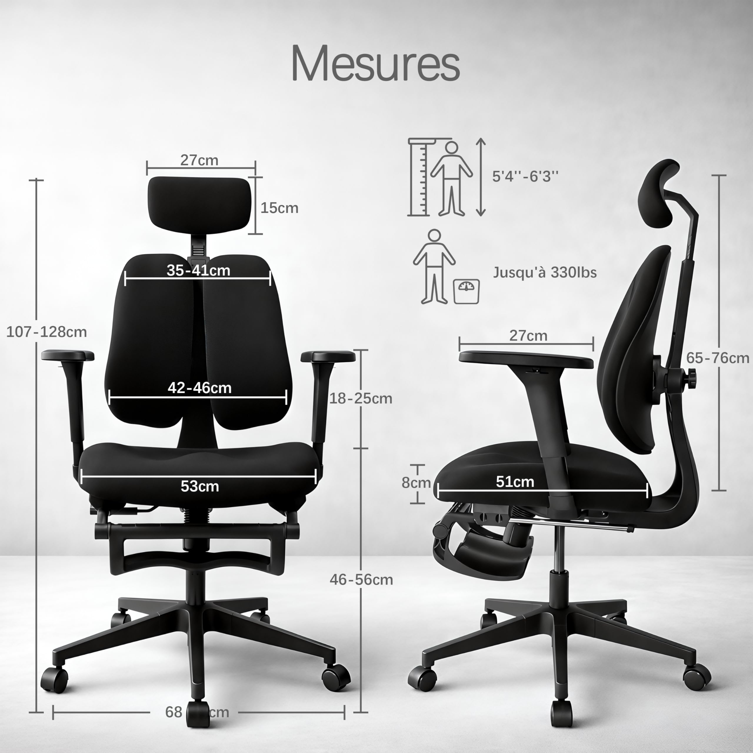 Chaise de Bureau Ergonomique, Dossier Séparé Dynamique, Siège en Mousse Moulée 8 cm, Accoudoirs 4D, Fauteuil de Bureau Grand Dossier avec Repose-Pieds, Flex S3, Noir