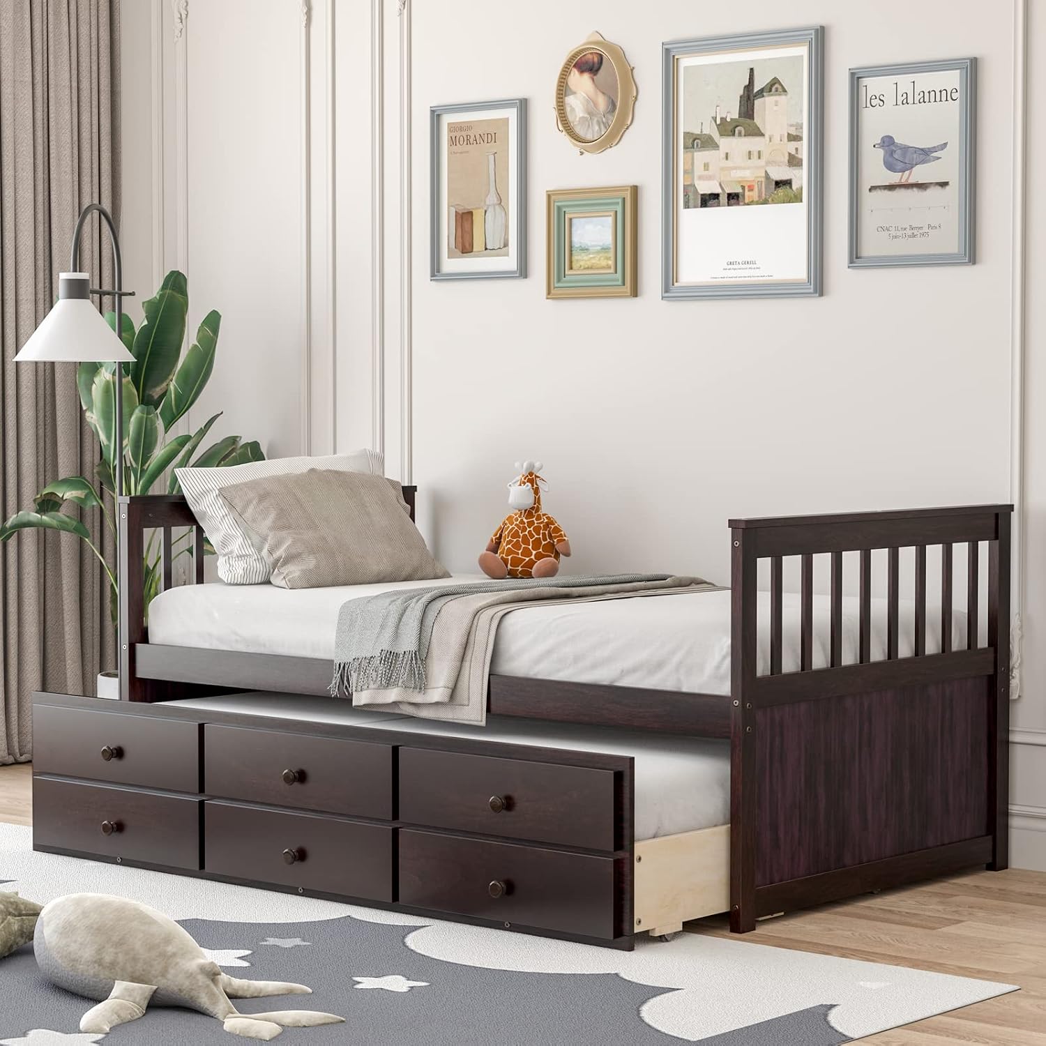 KOTEK Twin Captain's Bed, Twin Daybed with Trundle and 3 Storage Drawers, No Box Spring Needed, Wooden Platform Storage Bed for Kids Teens Guests (Espresso)