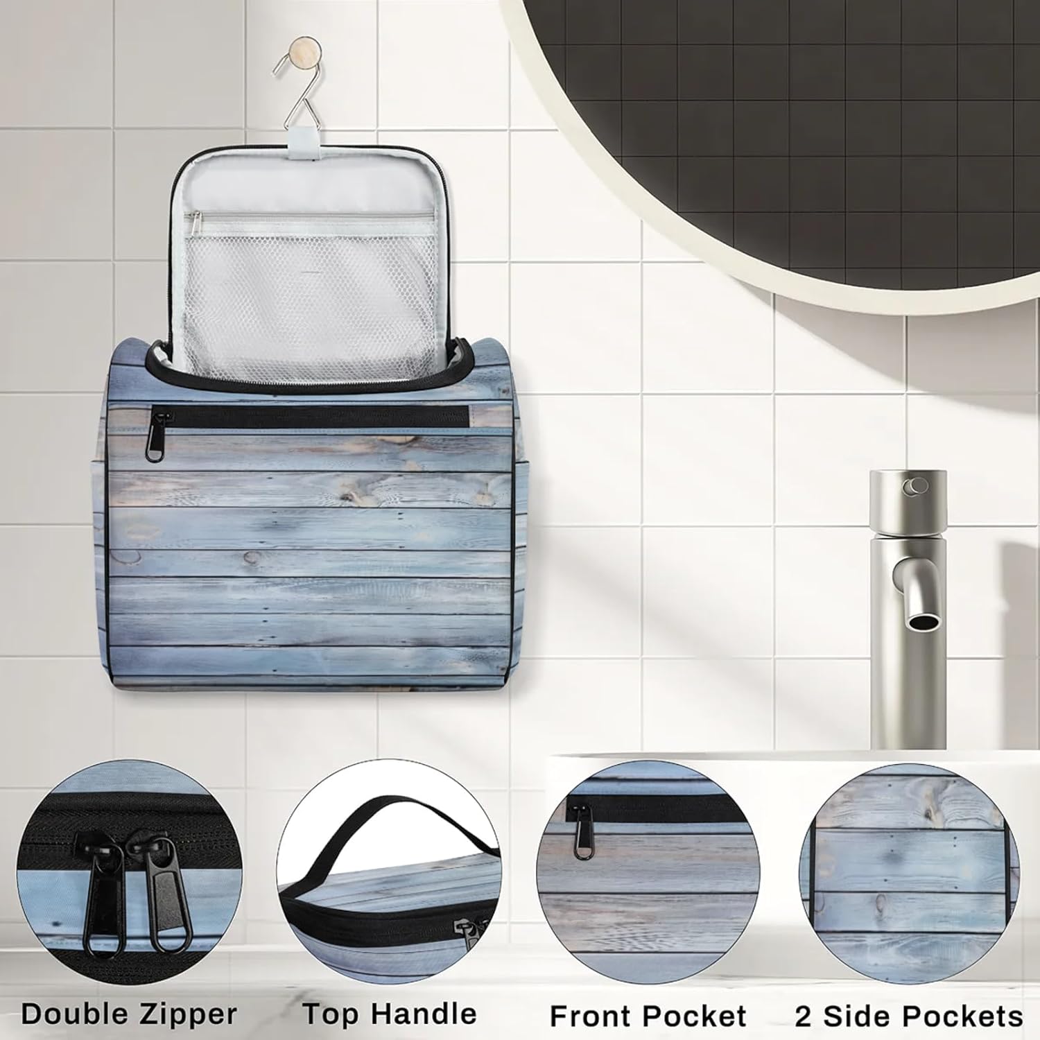 cfpolar Toiletry Bag for Women, Summer Wooden Beach Hanging Travel Toiletry Bag, Water-resistant Cosmetic Makeup Organizer for Toiletries and Cosmetics, Bathroom Shower Bag with Handle and Hook