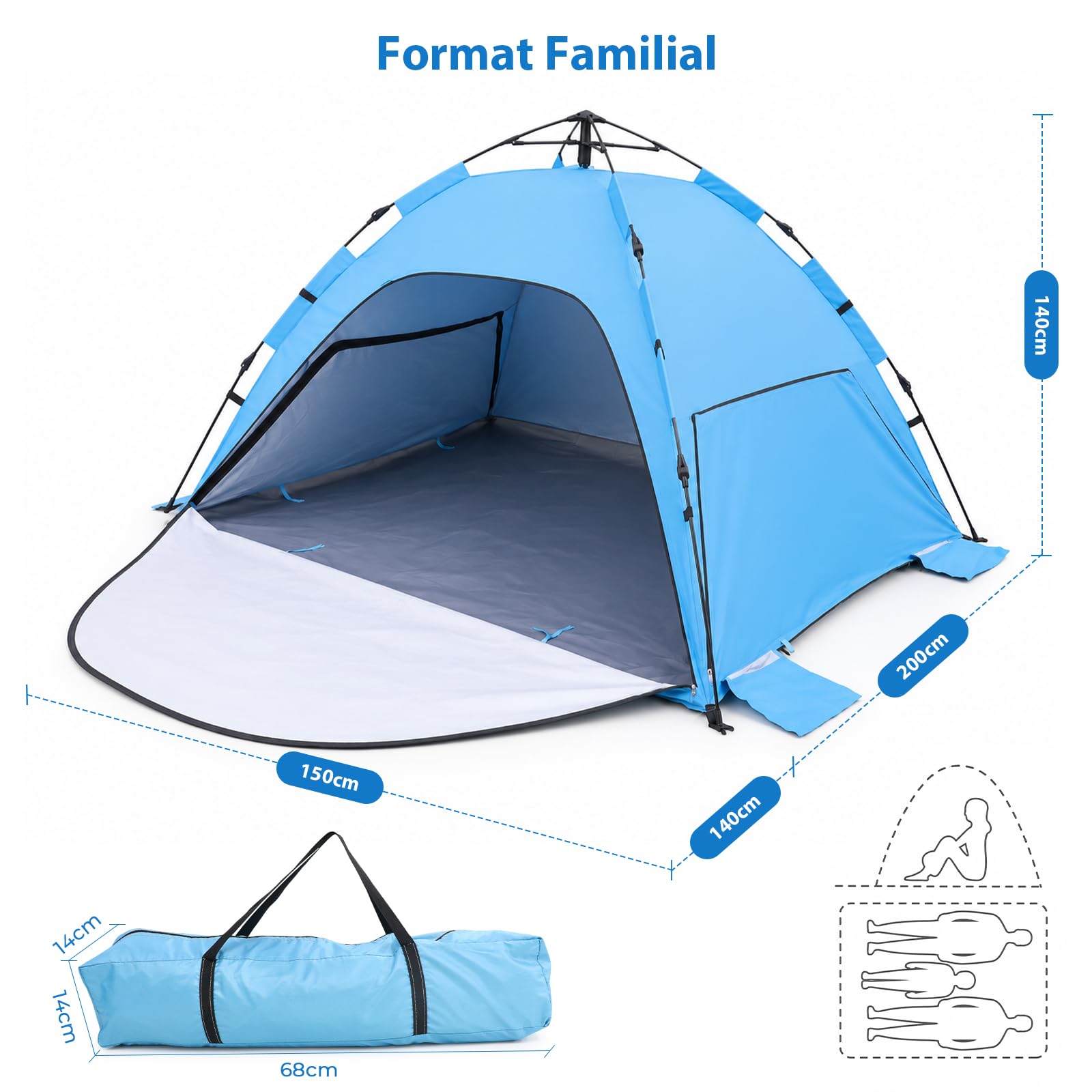 Abri de plage pop-up avec protection UV 50+, tente de plage automatique pour 2 à 3 personnes, abri de plage pop-up XXL avec tapis étendu, tente légère de protection contre le vent pour bébé et famille