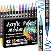 Dual Tip Acrylic Paint Pens Water-based Acrylic Markers for Rock Painting Wood Stone Glass Ceramic Easter Egg Quick-drying Waterproof Marker Pens for Adults (12 Pack 24 Colors)