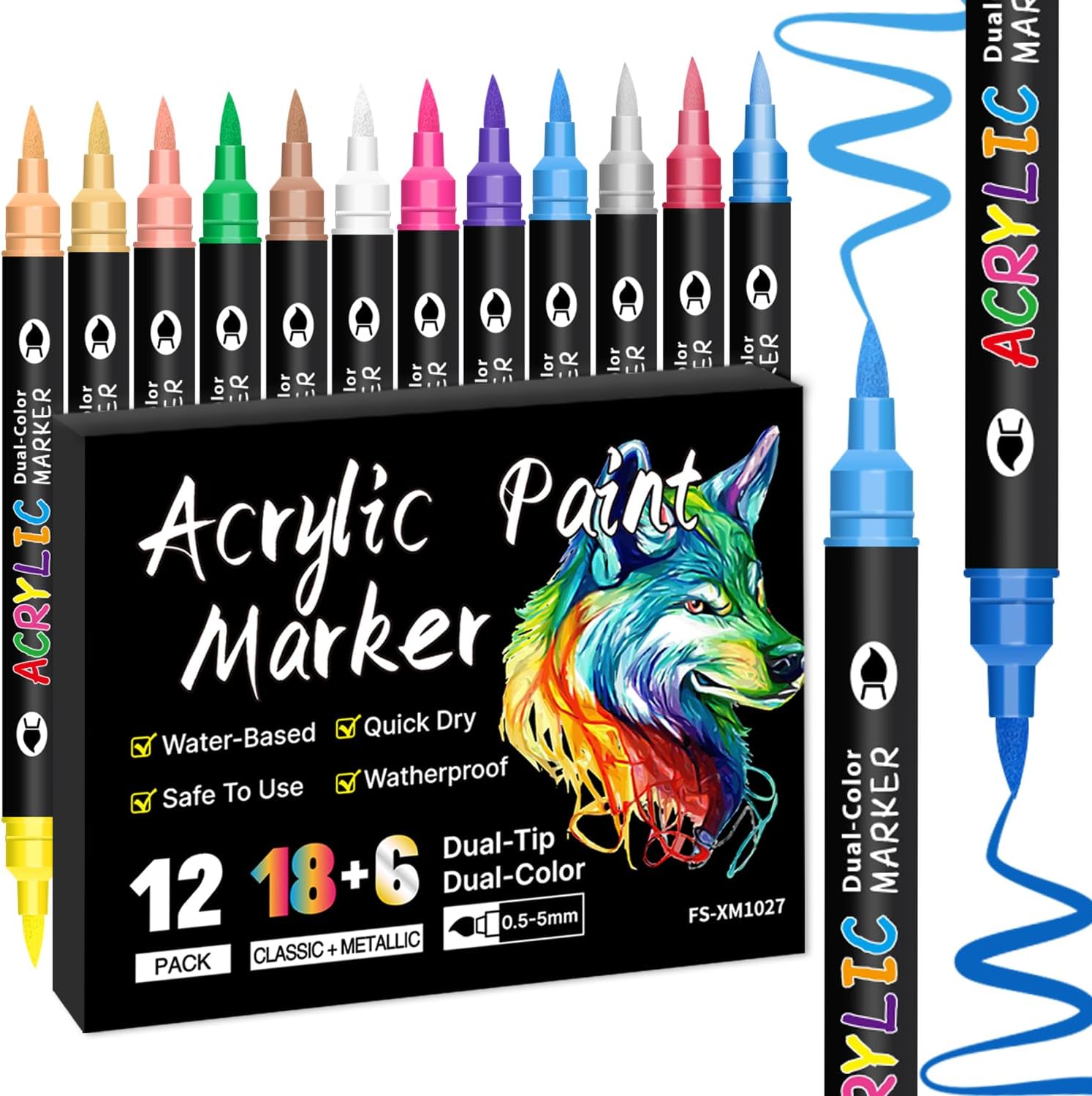 Dual Tip Acrylic Paint Pens Water-based Acrylic Markers for Rock Painting Wood Stone Glass Ceramic Easter Egg Quick-drying Waterproof Marker Pens for Adults 12 Pack 24 Colors