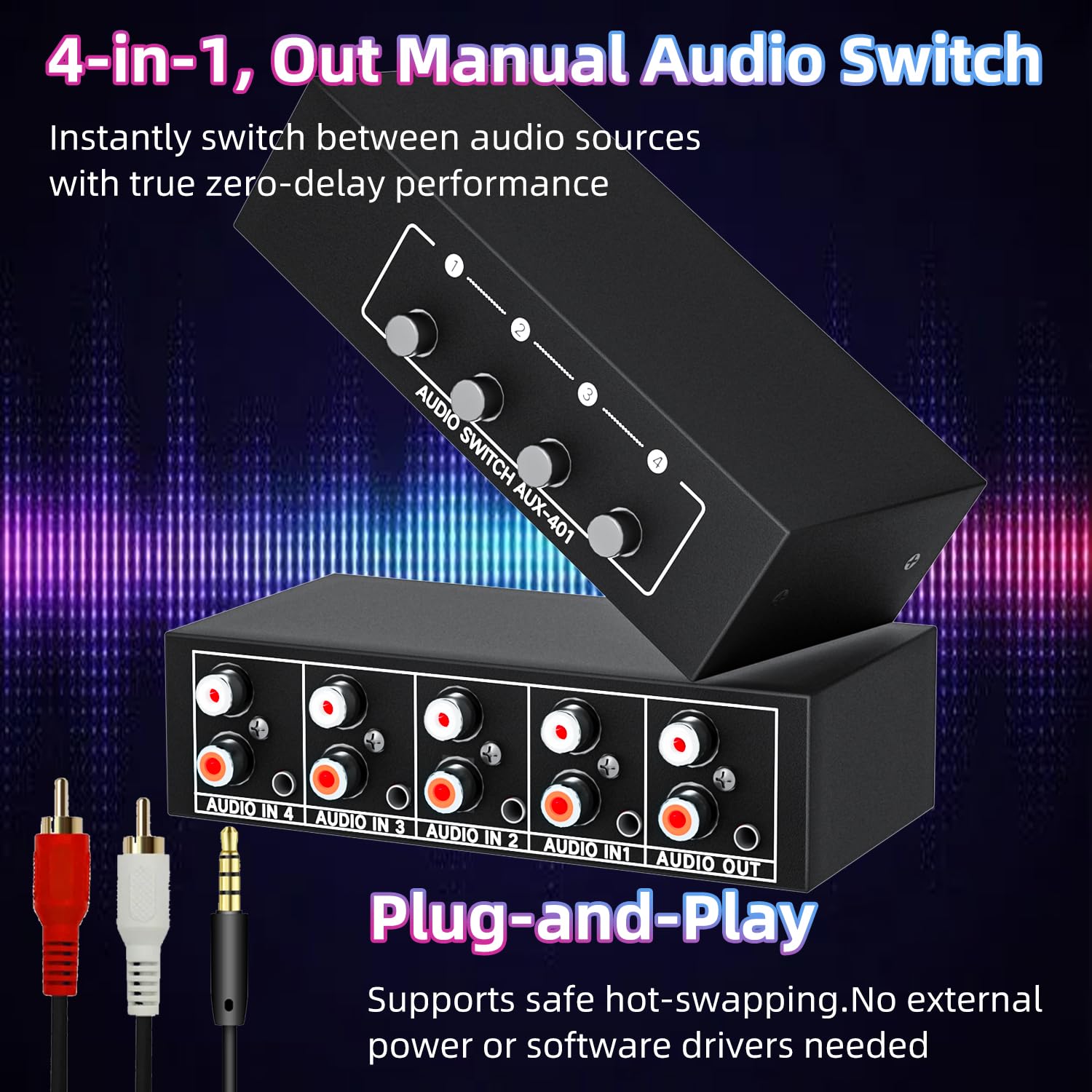 4 canali 3,5 mm Aux + RCA L/R Audio Switcher Box 4 in 1 Out/1 in 4 Out bidirezionale, 4 in 1 Out A/B analogico Audio Switcher Selettore senza bisogno di alimentazione