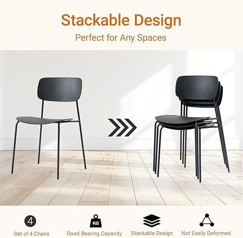 Miniatura 6 de Sidanli Juego de 4 sillas apilables, sillas de sala de espera con patas de metal y asiento ergonómico de plástico, sillas de oficina apilables para