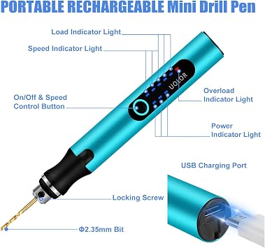 Uolor 3-Speed Cordless Mini Drill Pen, Rechargeable DIY Electric Hand Drill with 10 Small Drill Bits, Micro Drill Set for Jewelry Making Stone Plastic Resin Keychains
