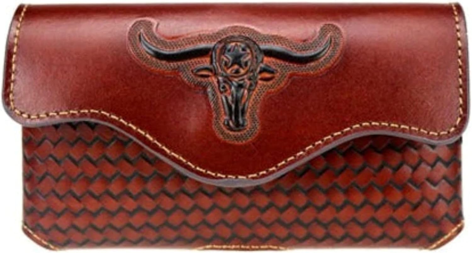 Longhorn Leather Holster Phone Pouch Brown Western Leather Craft Longhorns Embossed Handmade by Egifthome USA Item# EH12993, Size: 7" Lx4 Wx1 h