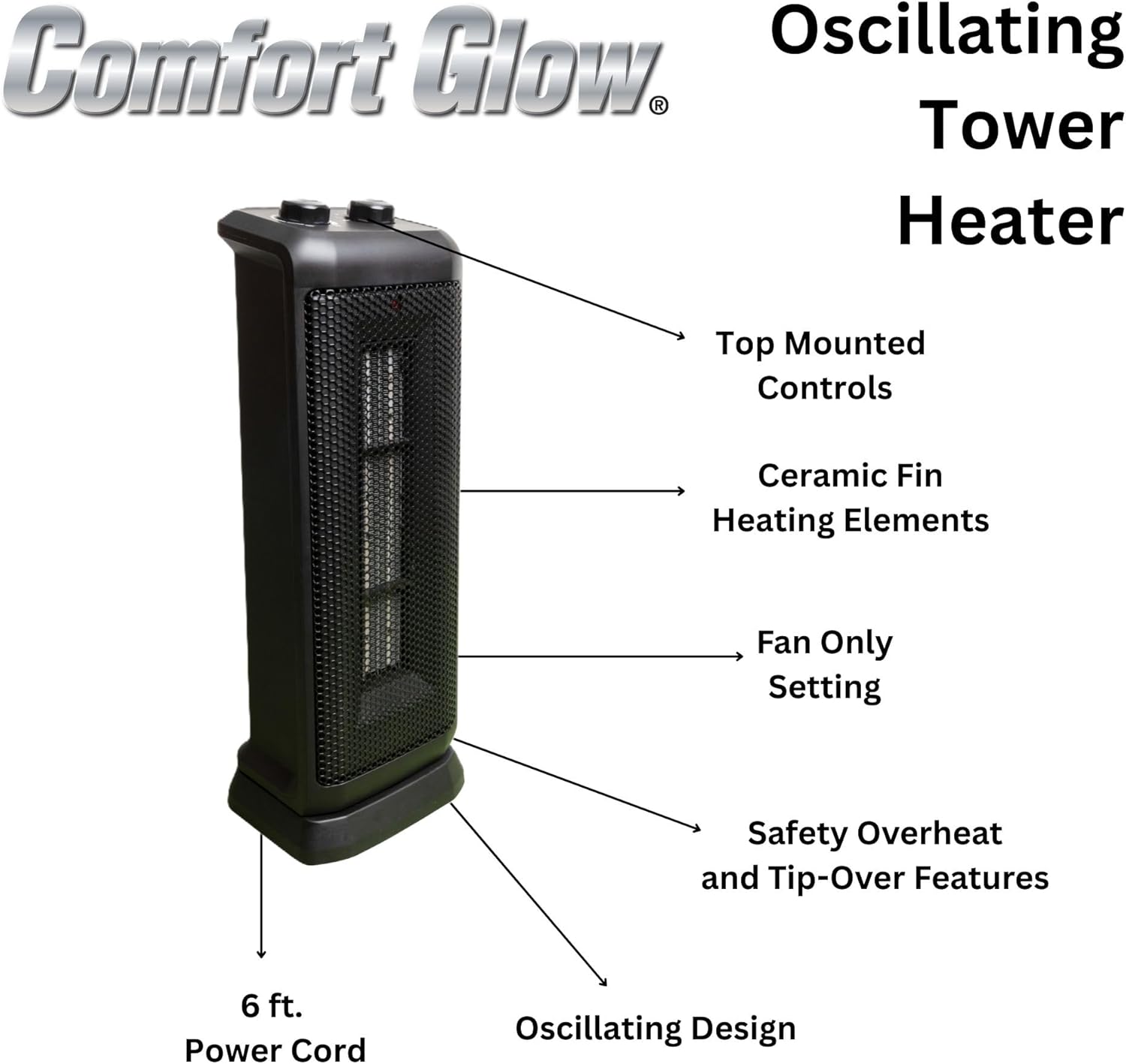 Comfort Glow Oscillating Ceramic Tower Heater, 750W/1500W, Portable with Thermostat, Safety Shut Off, Heats Up To 400 Sq. Ft. - Indoor Oscillating Space Heater for Home, Bedroom, Office