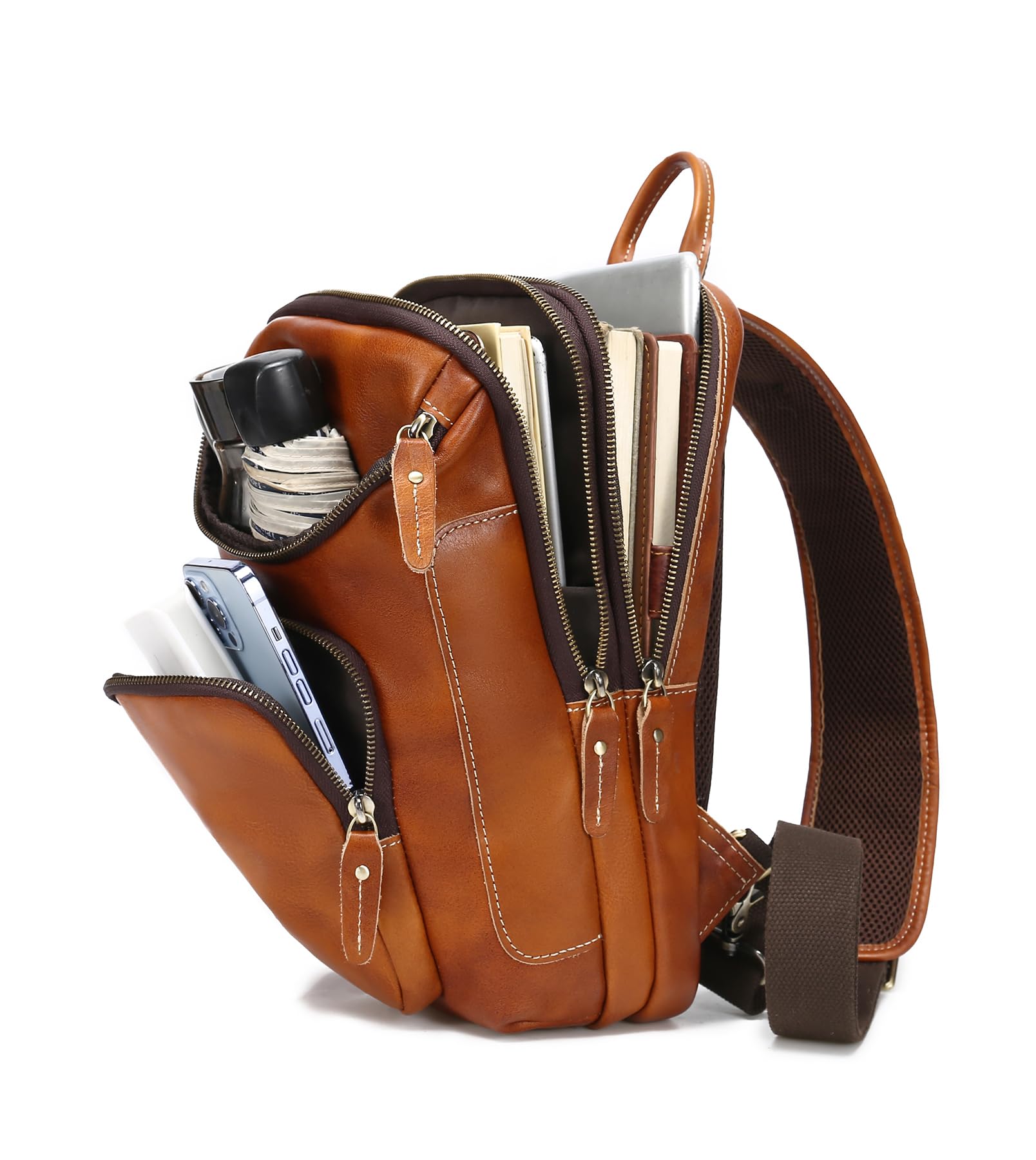 LANNSYNE Vintage Vollnarbenleder Sling Bag Crossbody Chest Daypack, gelb, Leather Sling Bag Fits 10.5" iPad, Leder-Tragetasche für 26,7 cm (10,5 Zoll) iPad